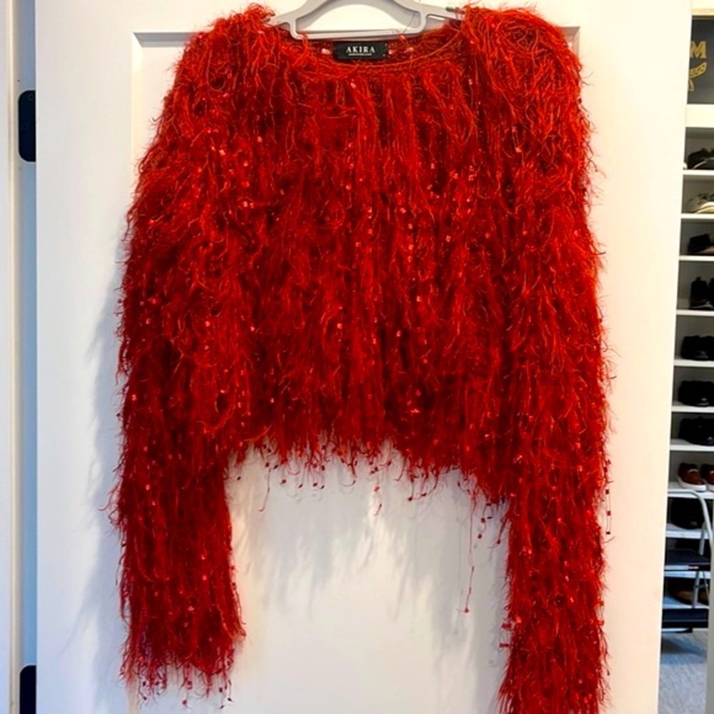 Red Fringe Sweater  - Long Sleeve Holiday Sweater